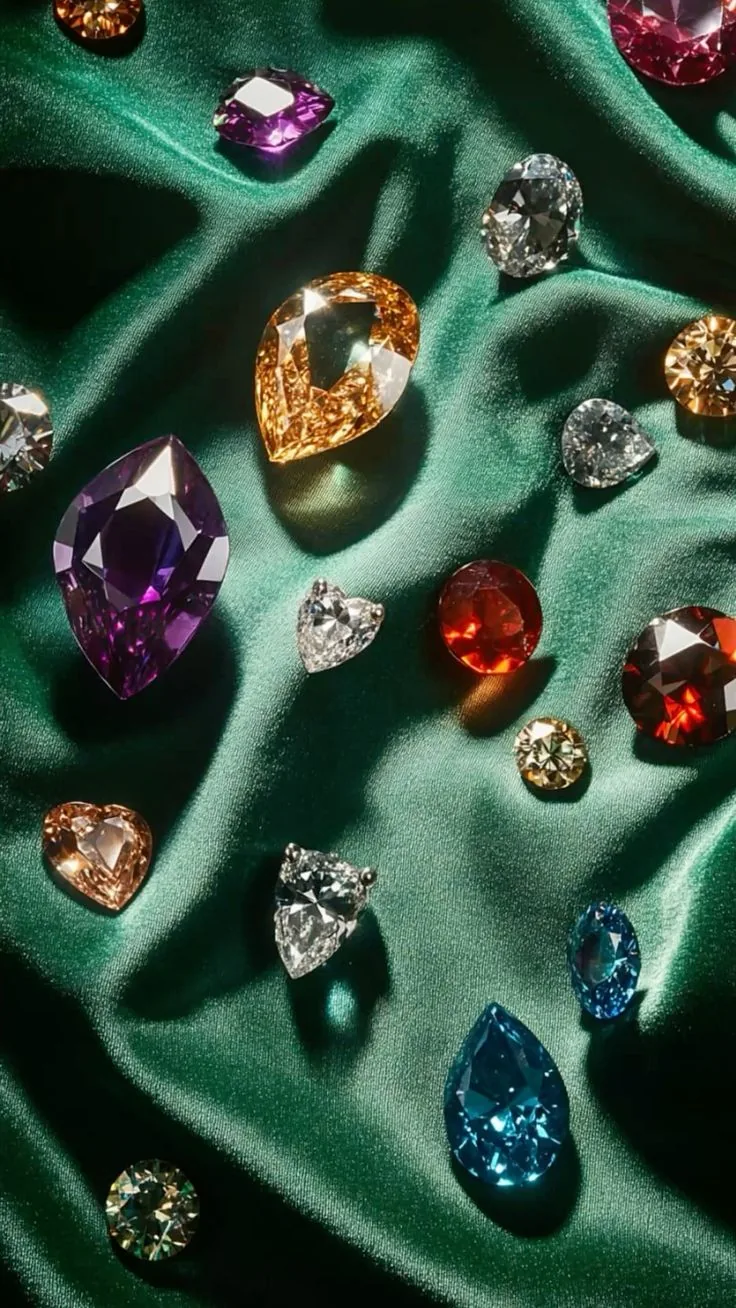 A collection of unique gemstones arranged on green fabric